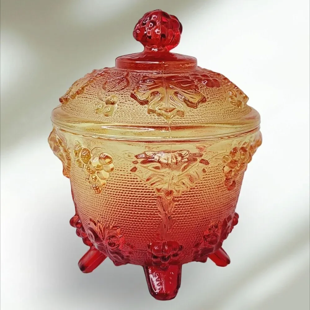 VTG Jeannette Harvest Grapes‎ Amber Red Carnival Glass Footed Covered Candy Dish